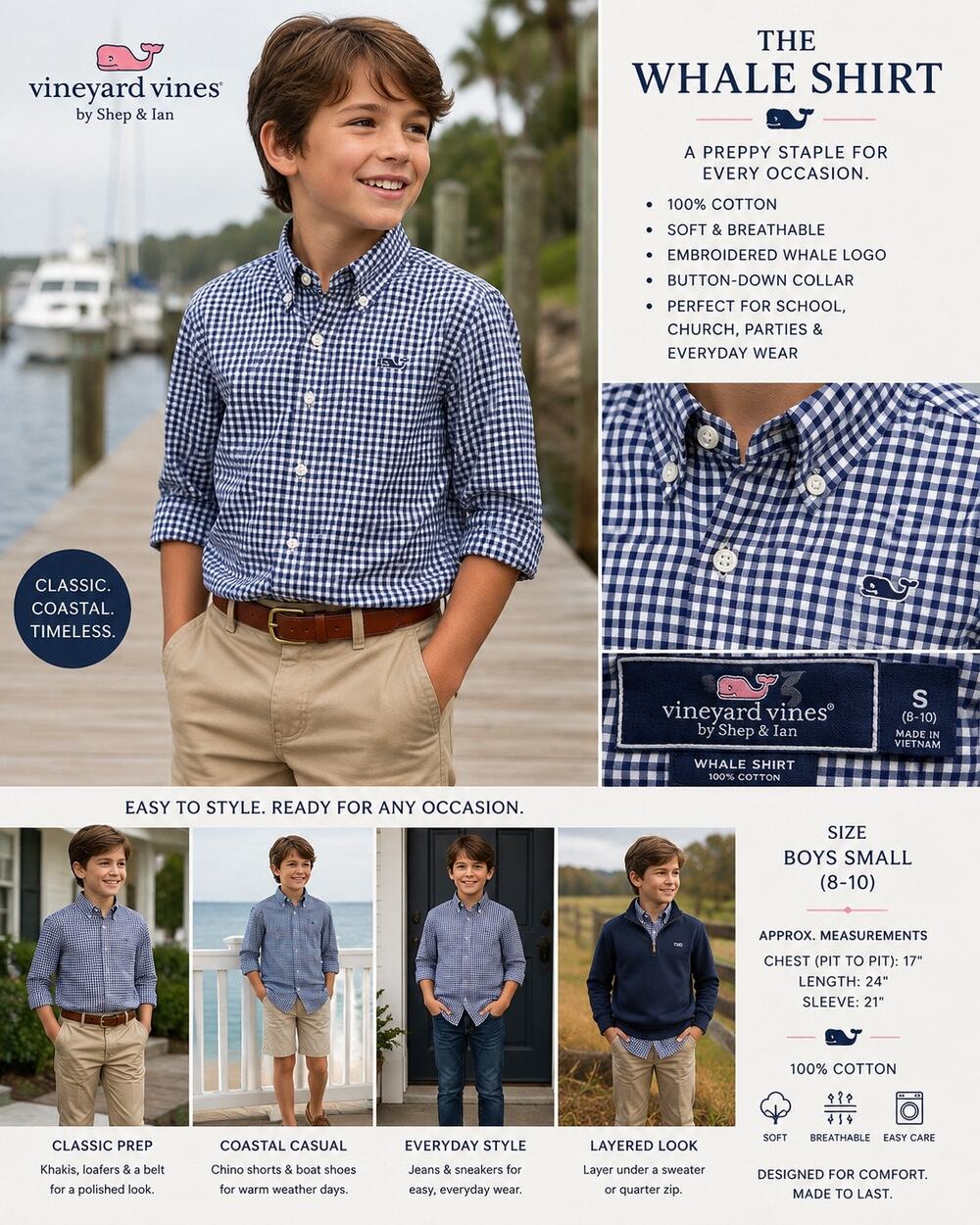 Vineyard Vines Boys Small 8-10 Whale Shirt Navy White Gingham Button Down Cotton